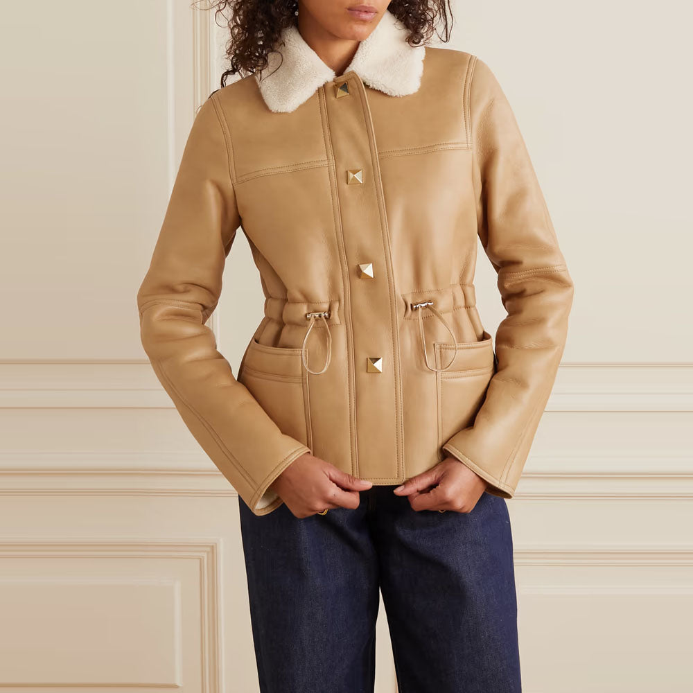 Women Brown Aviator Flight RAF Sheepskin Shearling Leather Jacket