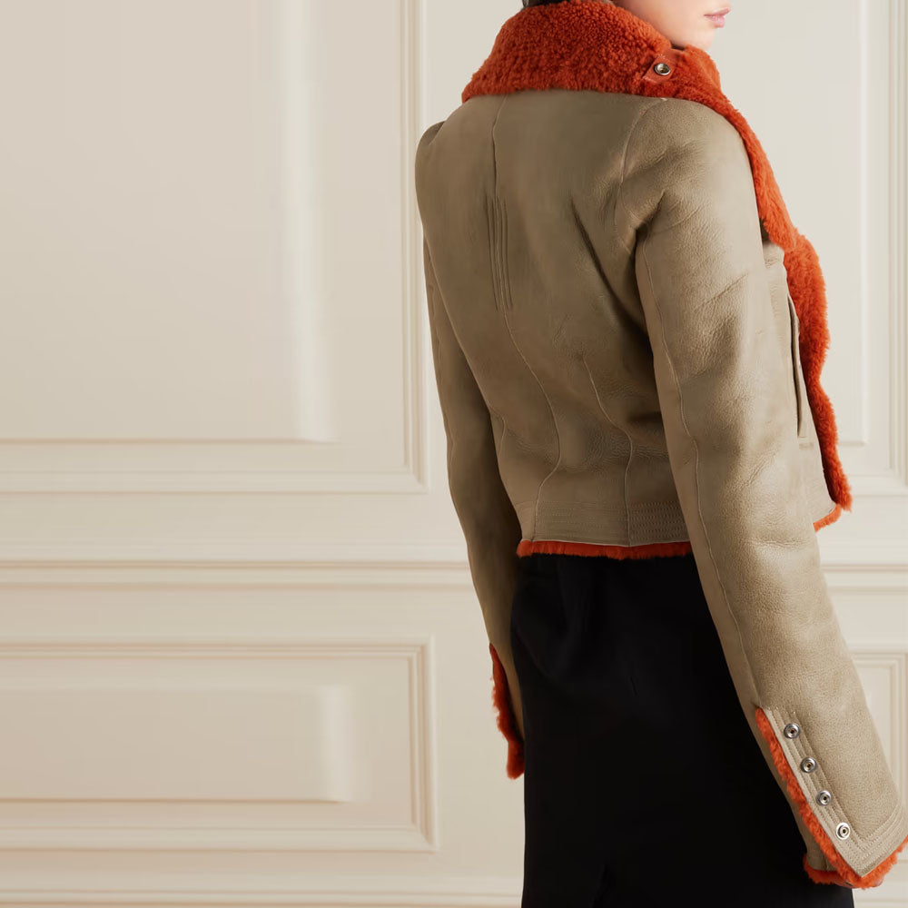 Orange Aviator Fur Collar Flight Sheepskin Shearling Leather Jacket