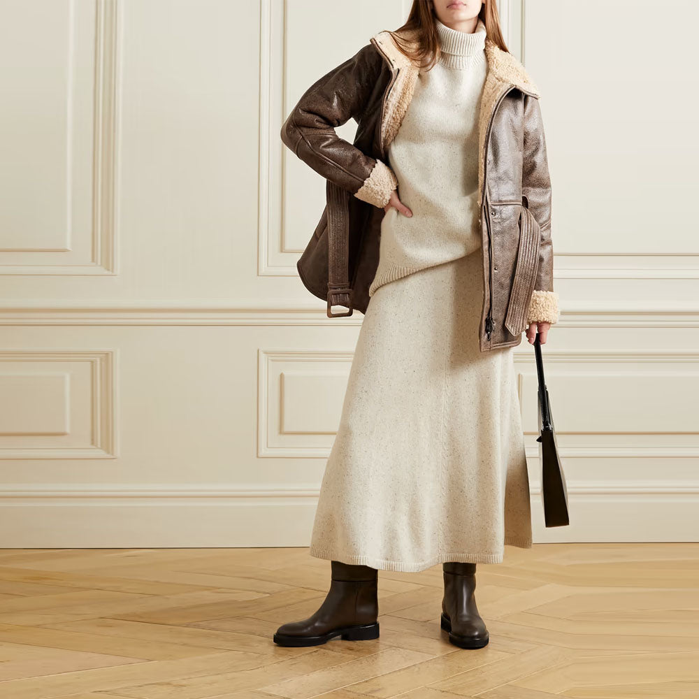 Brown Bonny Belted Aviator Sheepskin Fur Collar Shearling Leather Jacket