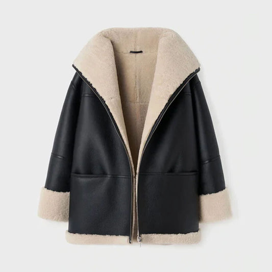 Women Black Aviator Fur Flight B3 Sheepskin RAF Shearling Leather Jacket