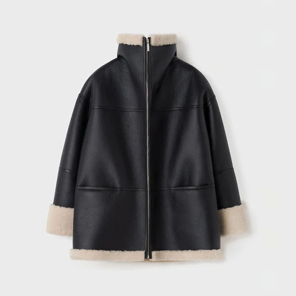 Women Black Aviator Fur Flight B3 Sheepskin Shearling Leather Jacket