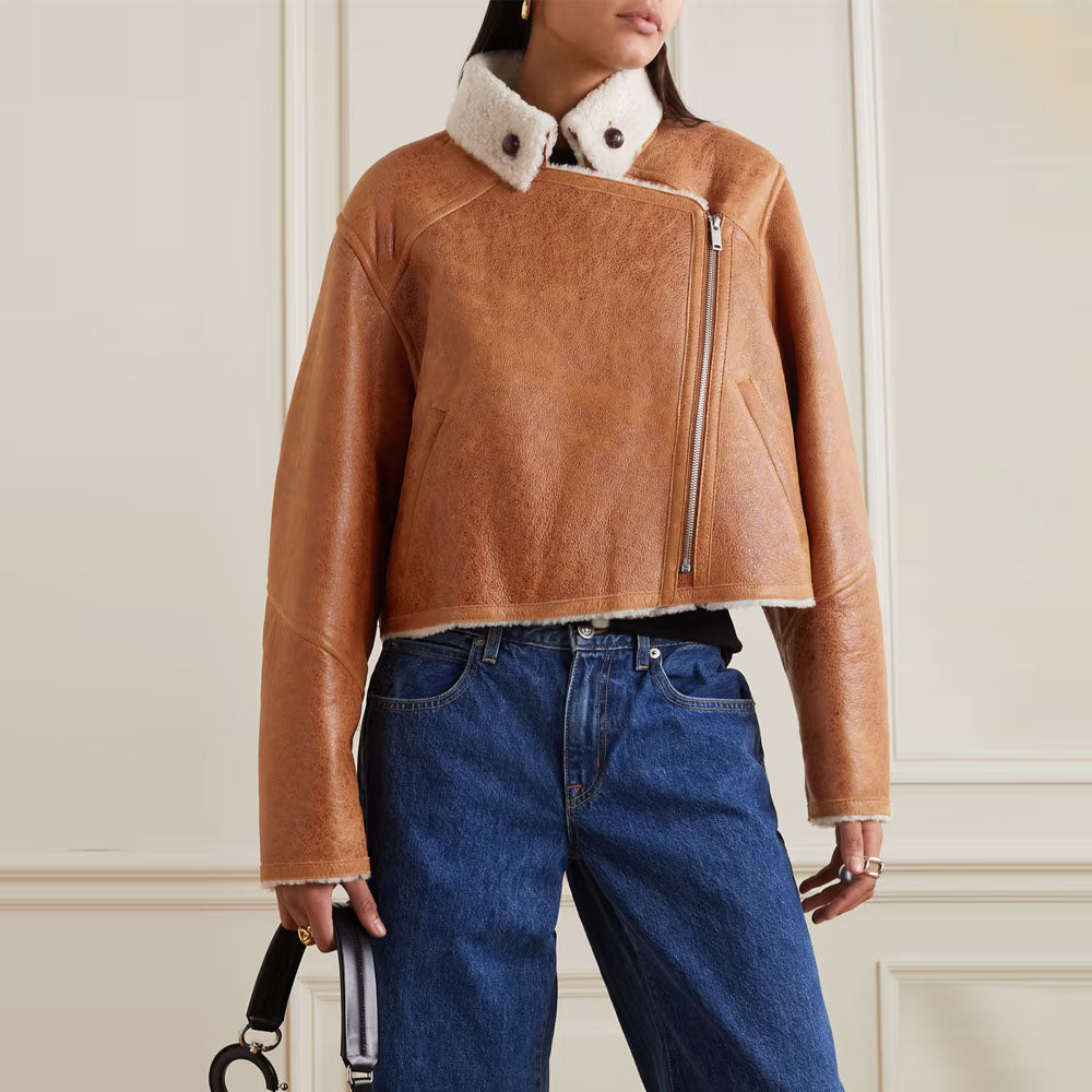 Women Brown Aviator B3 Shearling Fur Collar Sheepskin Leather Jacket