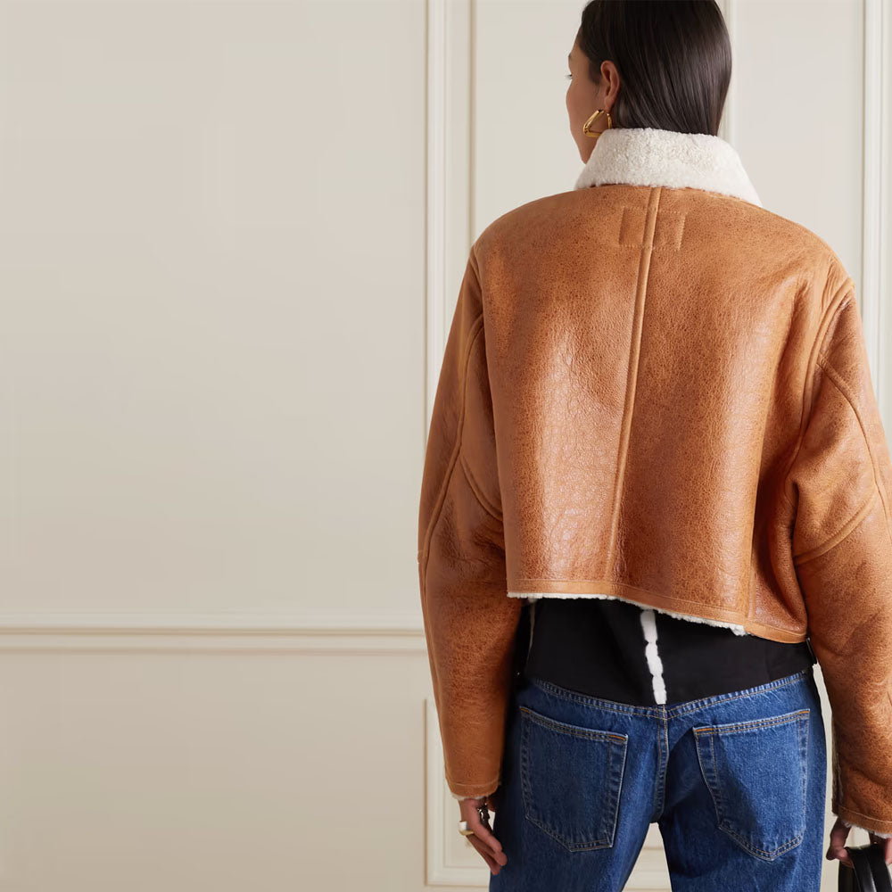 Women Brown Aviator B3 Shearling Collar RAF Sheepskin Leather Jacket
