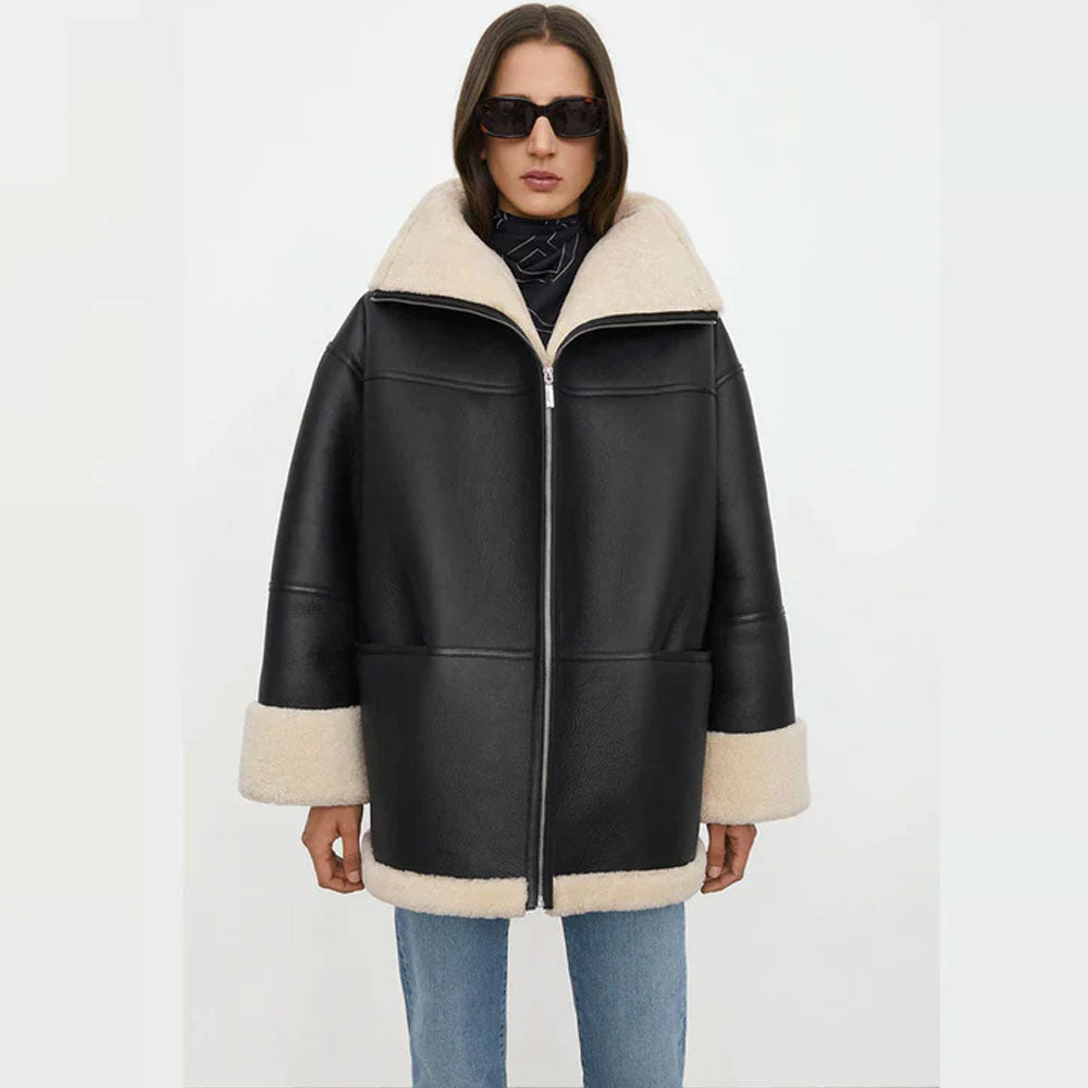 Black Aviator Fur Flight B3 Sheepskin RAF Shearling Leather Jacket