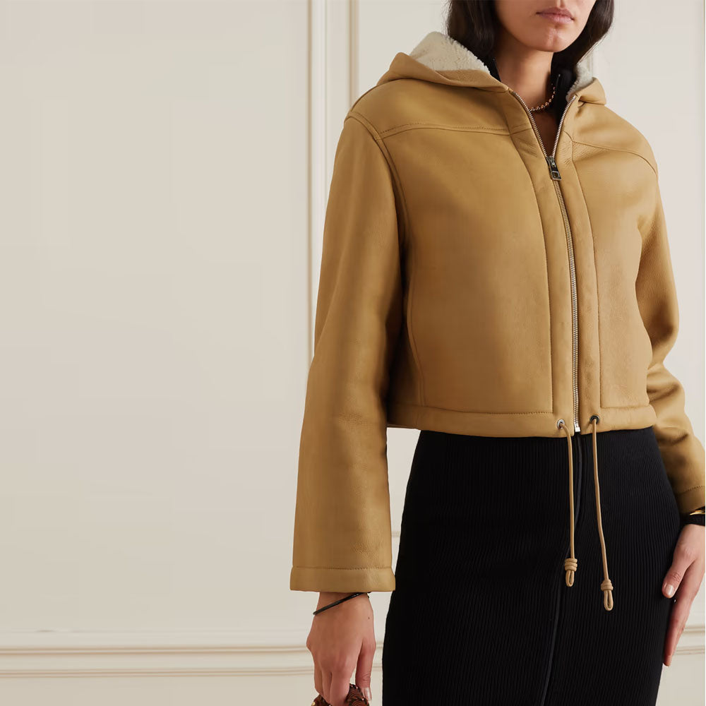 Women Brown Hooded Aviator B3 Shearling Sheepskin Leather Jacket