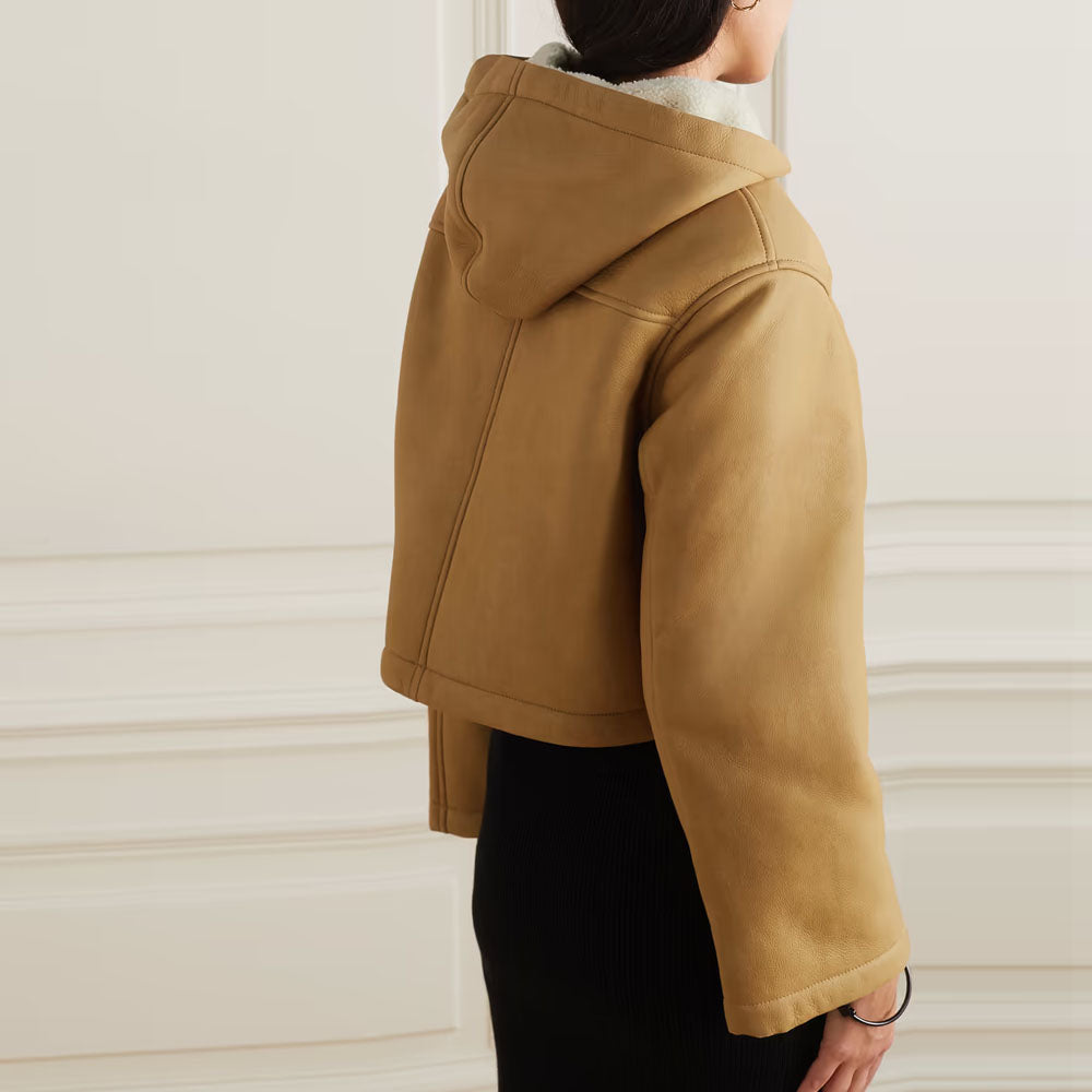 Women Brown Hooded Aviator Shearling RAF Sheepskin Leather Jacket