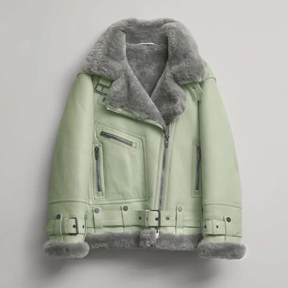 Green Women B3 Aviator Fur collar Sheepskin Styled Shearling Leather Jacket