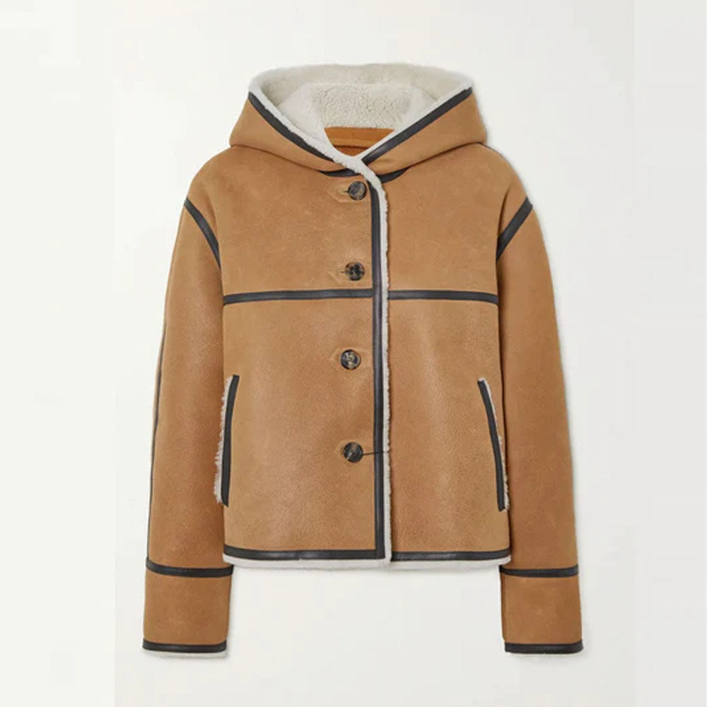 Women Brown Hooded Sheepskin B3 Flight Fur Shearling Leather Jacket
