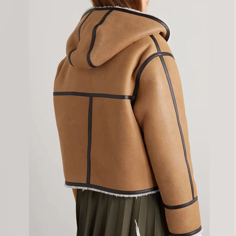 Women Brown Hooded Sheepskin Flight Fur Shearling Leather Jacket