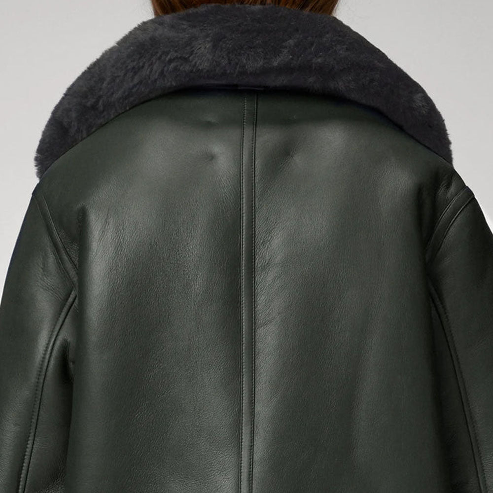 Women Green B3 Lambskin RAF Pilot Sheepskin Shearling Leather Jacket