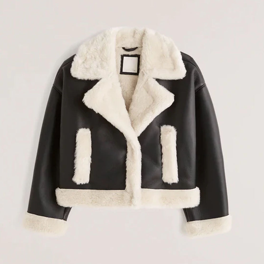 Women Black B3 Sheepskin Aviator Fur Collar Riding Shearling Leather Jacket