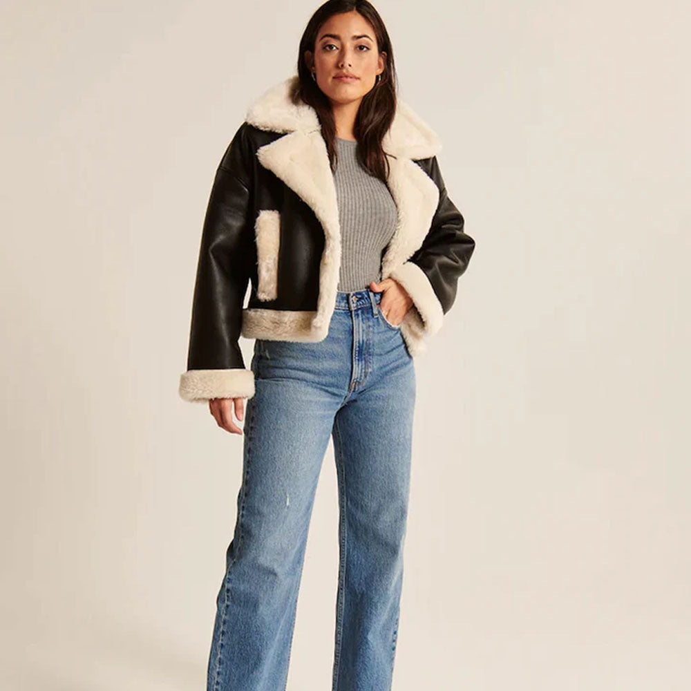 Women Black B3 Sheepskin Aviator Fur Riding Shearling Leather Jacket
