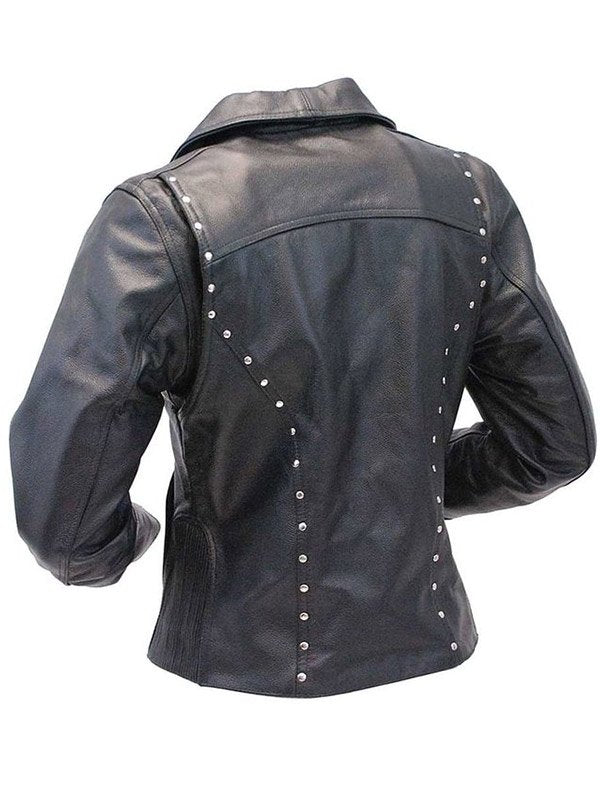 Black Sheepskin Button Studded Leather Biker Jacket