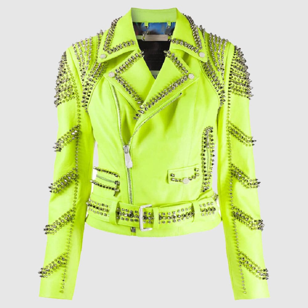 New Women's Brando Green Spiked Leather Lapel Fastener Studded Biker Jacket