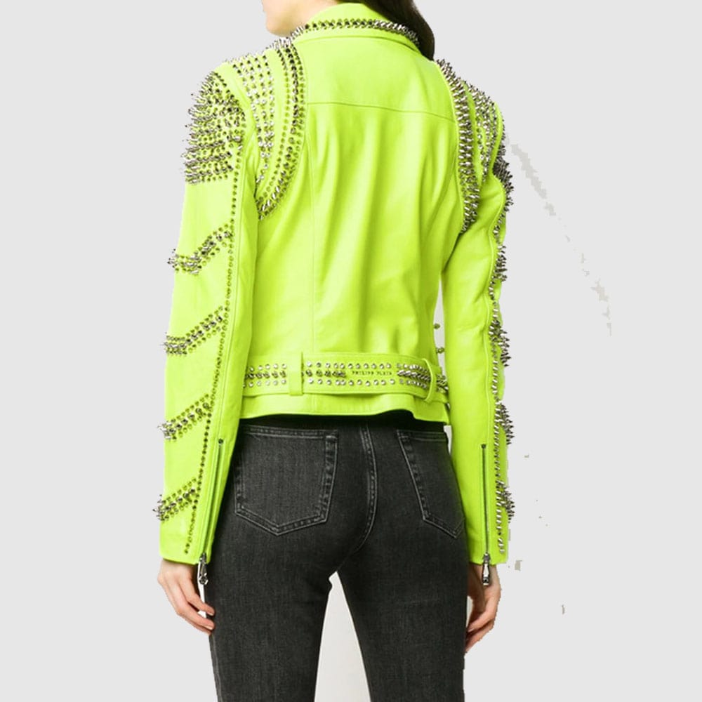 Women's Brando Green Spiked Leather Lapel Fastener Studded Biker Jacket