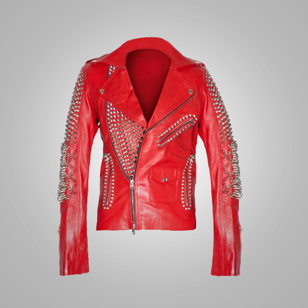 Women's Brando Red Leather Motorcycle Studded Style Biker Jacket