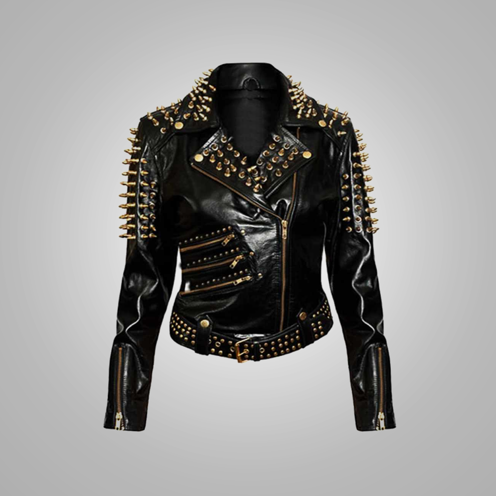 New Women's Black Gold Spiked Studded Motorcycle Biker Fashion Leather Jacket