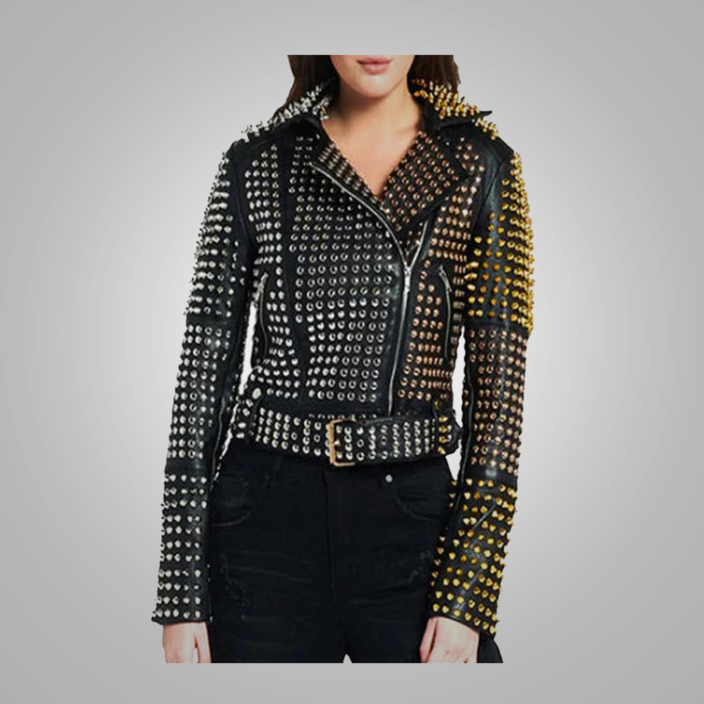 Women's Golden Silver Studded Punk Rock Black Leather Biker Jacket