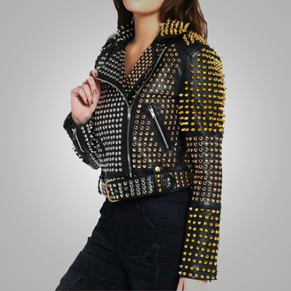 New Women's Golden Silver Studded Punk Rock Black Leather Biker Jacket