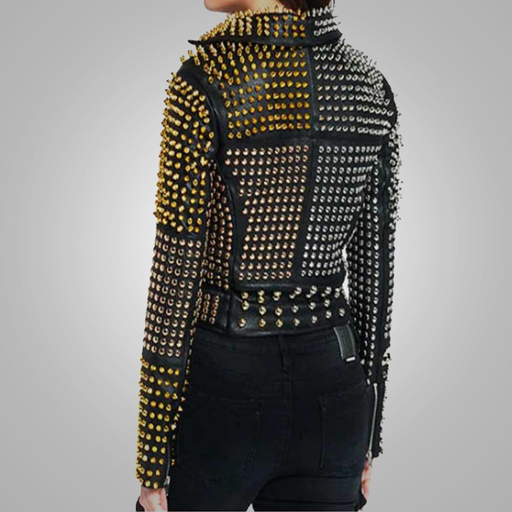 Women's Golden Silver Punk Rock Black Leather Biker Jacket