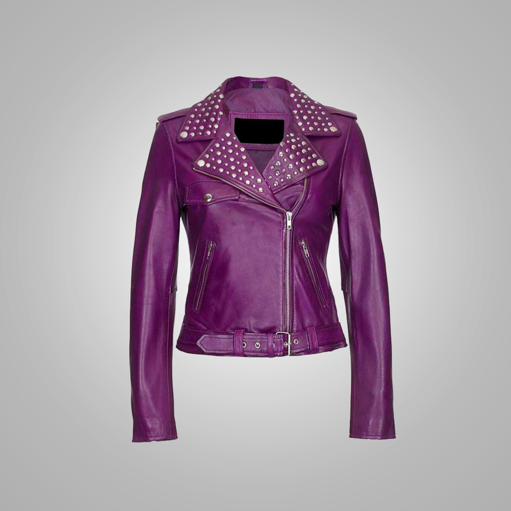 Women's Purple Motorcycle Leather Spiked Studded Biker Fashion Leather Jacket