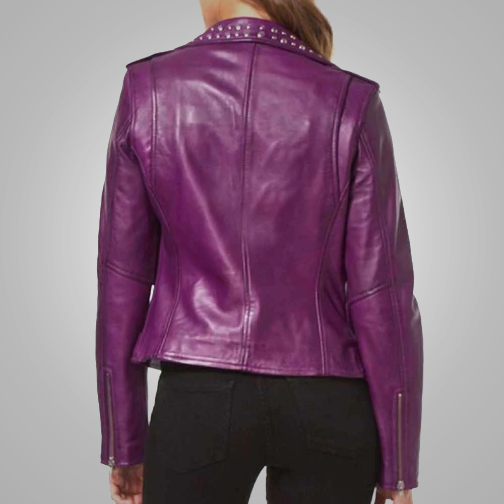 New Women's Purple Motorcycle Leather Spiked Studded Biker Fashion Leather Jacket