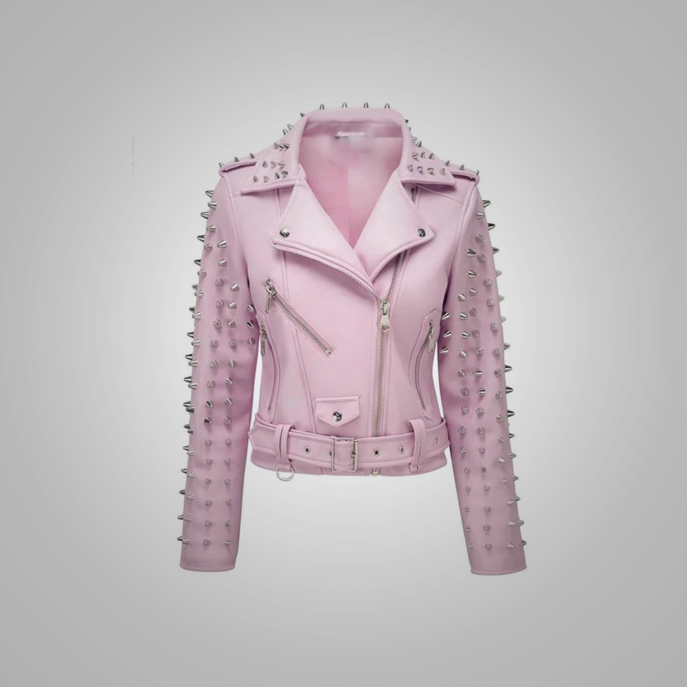 New Women's Hot Pink Motorcycle Sheepskin Leather Spiked Studded Jacket