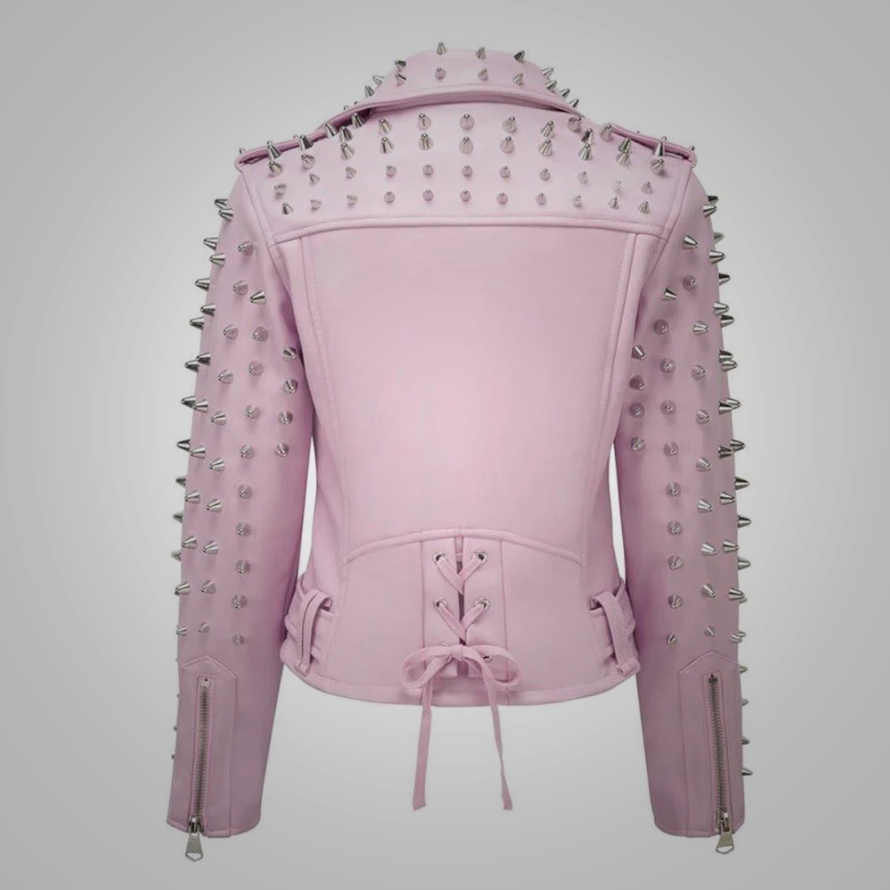 Women's Hot Pink Motorcycle Sheepskin Leather Spiked Studded Jacket