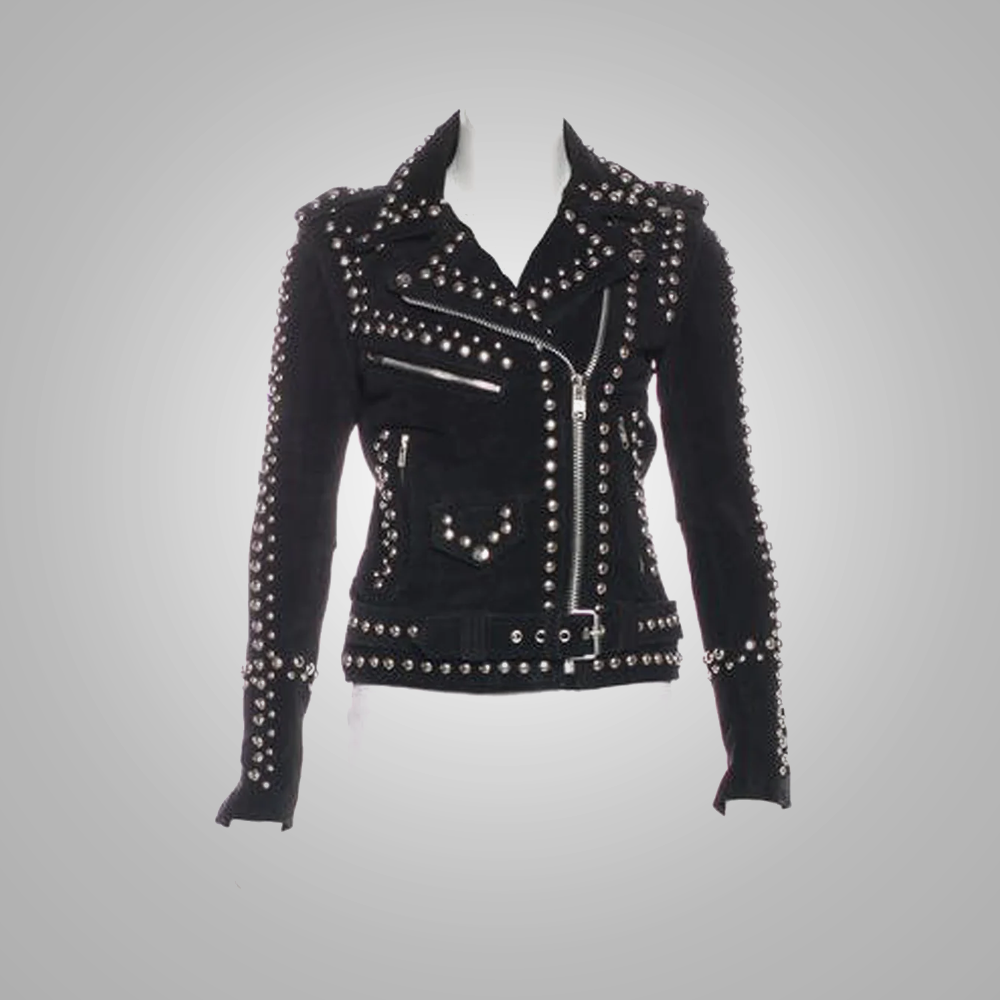 Women's Black Leather Motorcycle Spiked Studded Leather Jacket