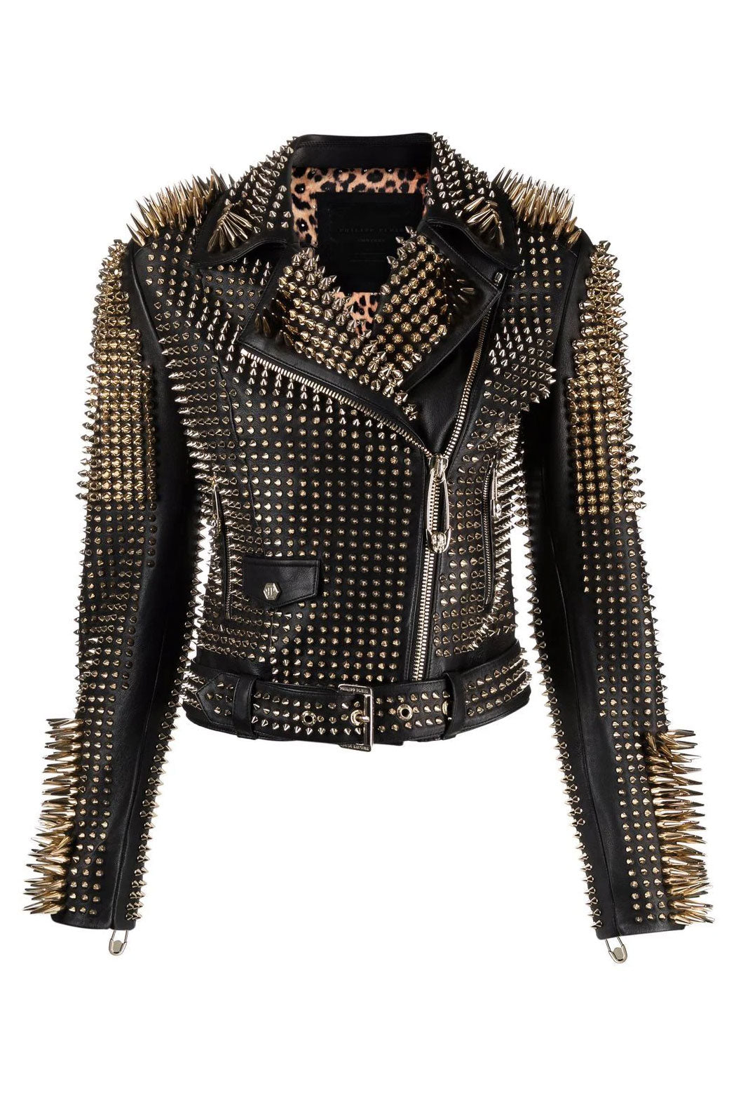 New Women's Black Motorcycle style Silver Long Spiked Studded Leather Biker Jacket