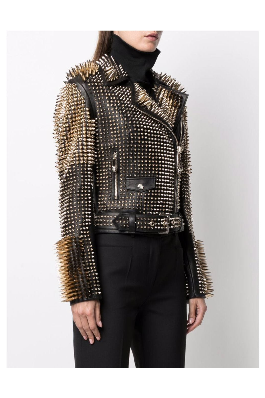 Black Motorcycle style Silver Long Spiked Studded Leather Biker Jacket