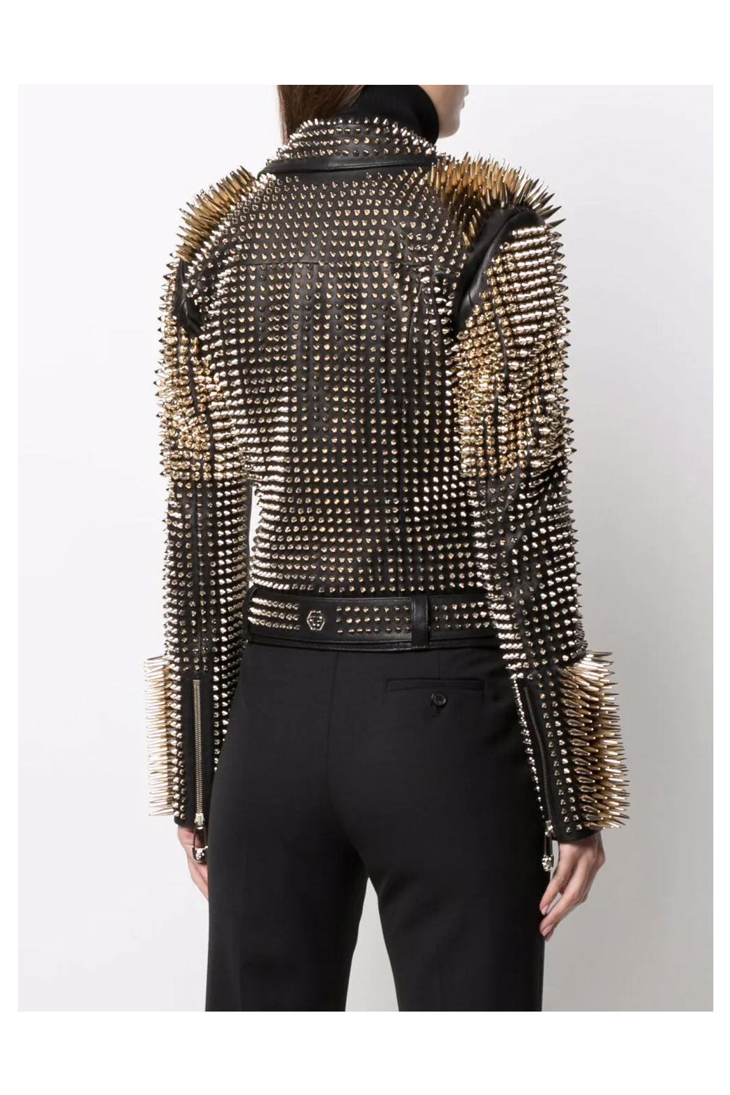 New Women's Motorcycle style Silver Long Spiked Studded Leather Biker Jacket