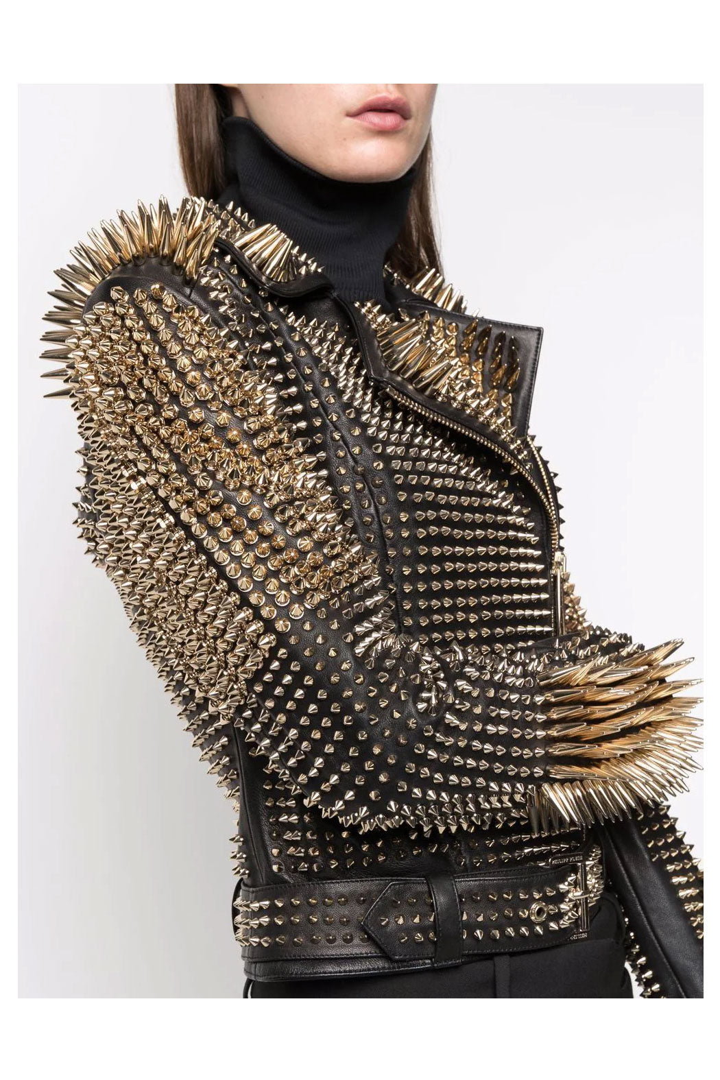 New Women's Black style Silver Long Spiked Studded Leather Biker Jacket