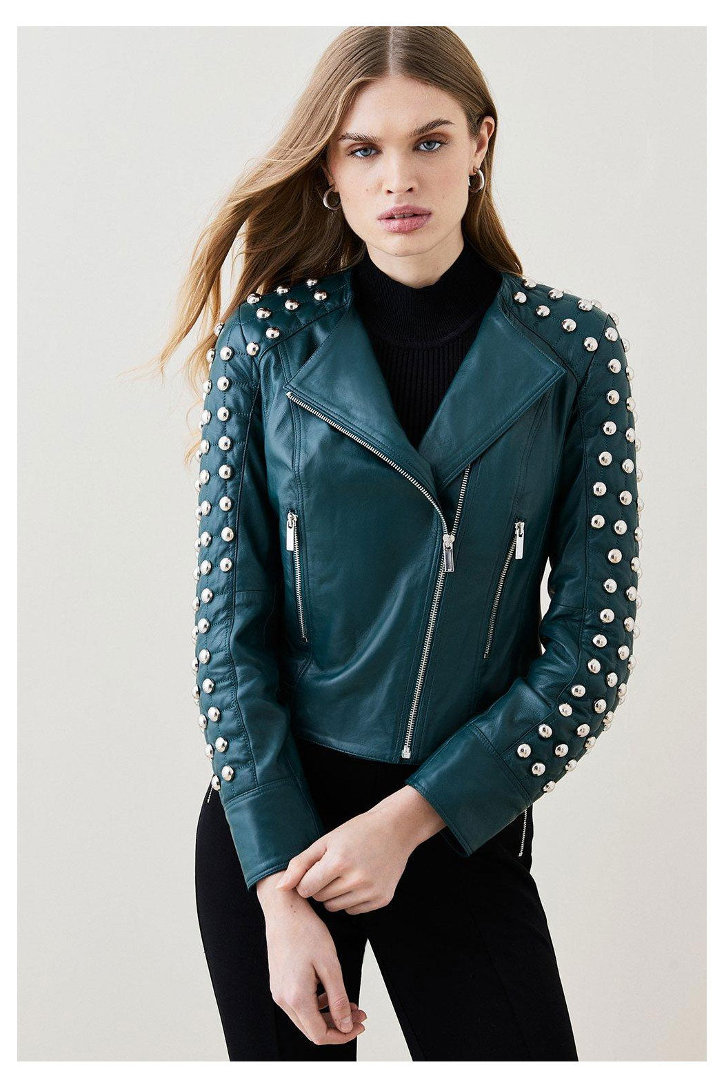 Women's Style Silver Spiked Studded Motorcycle Leather Jacket With Green
