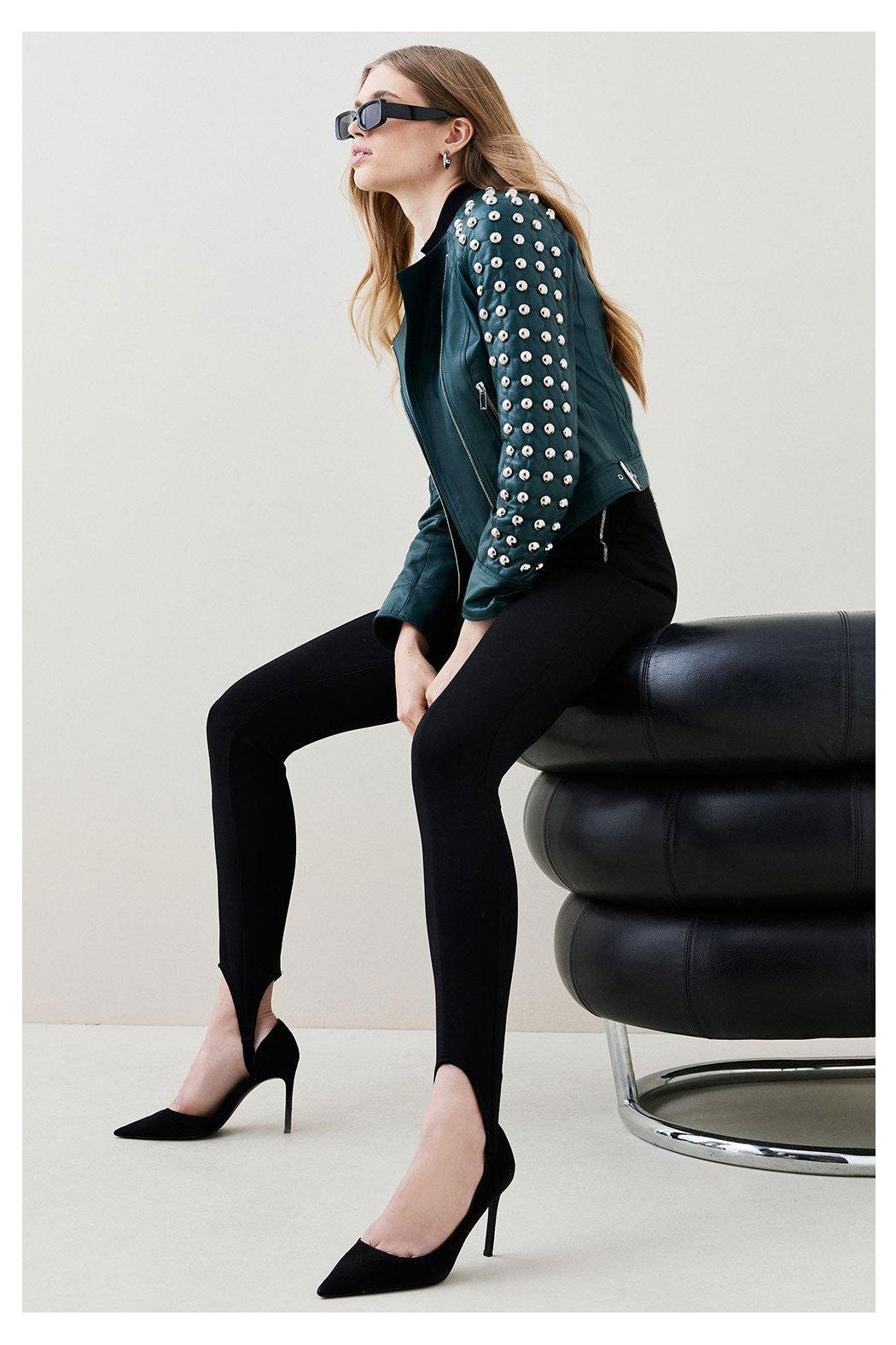 New Women's Style Silver Spiked Studded Motorcycle Leather Jacket With Green