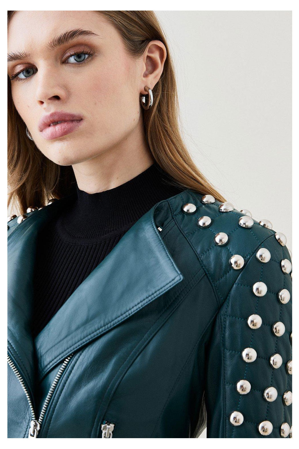 Women's Silver Spiked Studded Motorcycle Leather Jacket With Green