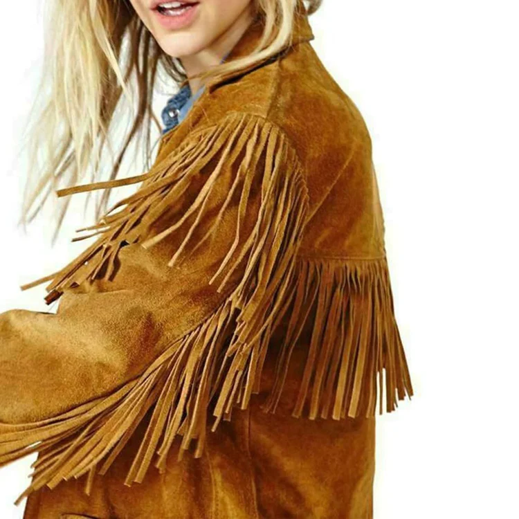 Western Suede Button Sheepskin Leather Long Fringed Coat