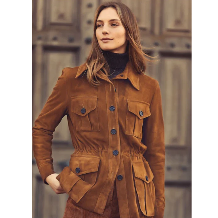 Brown Women’s Suede Cowboy Sheepskin Leather Button Coat