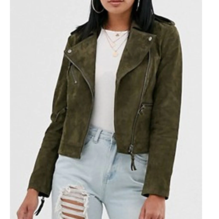 New Women’s Green Western Suede Lambskin Leather Biker Jacket