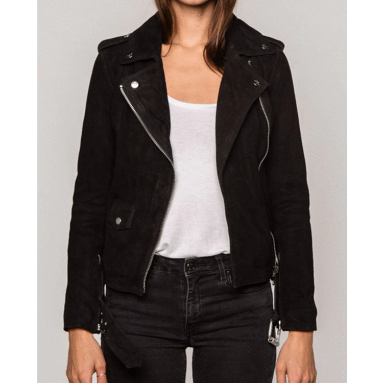 Women’s Western Suede Sheepskin Black Leather Biker Jacket
