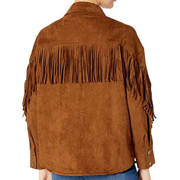 Women's Button Front Collared Sheepskin Leather Jacket with Fringe Sleeves