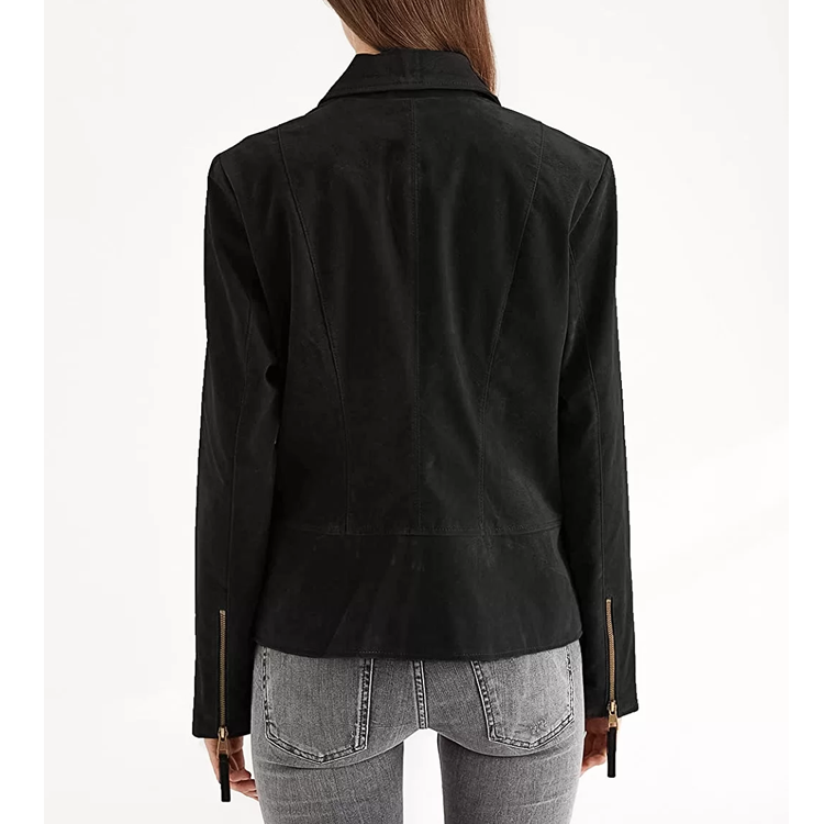 Black Suede Cowboy sheepskin Leather Biker Jacket For Women