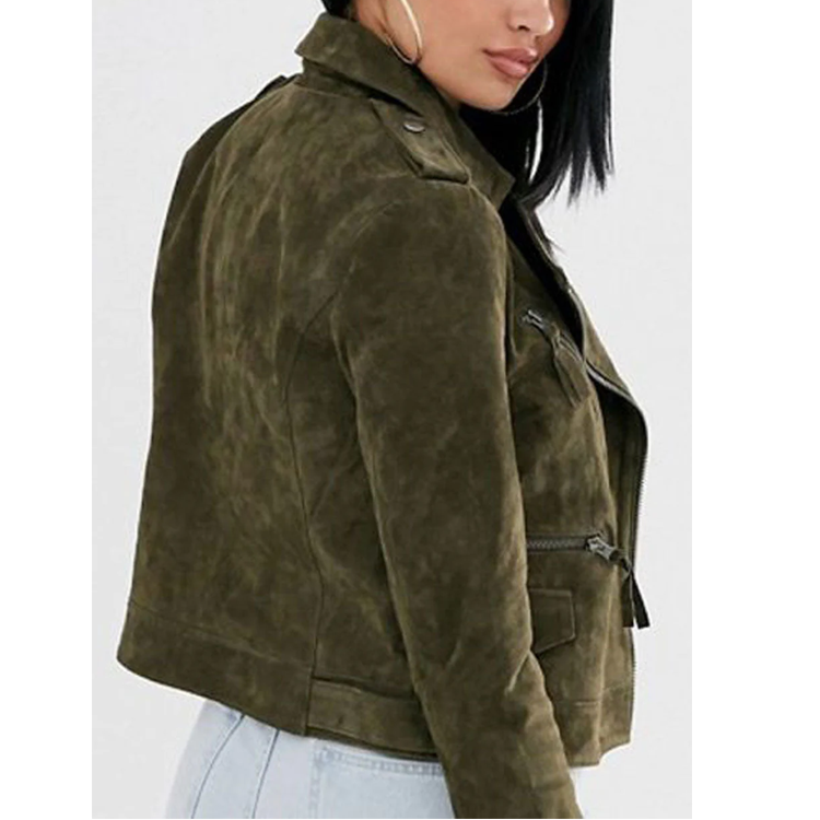 Women’s Green Western Suede Lambskin Leather Biker Jacket