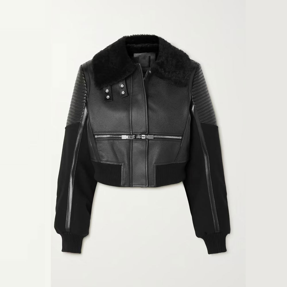 Black Women's Shearling Sheepskin B3 Bomber Leather Biker Jacket