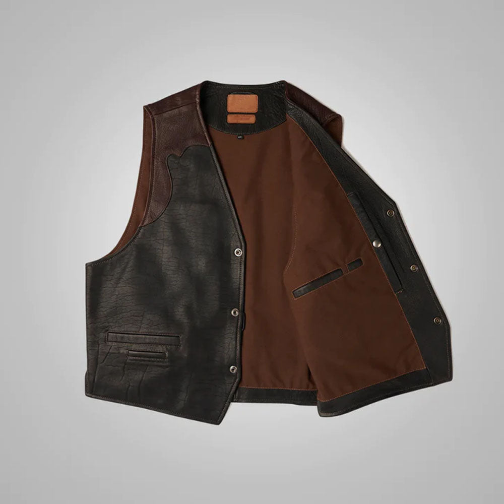 Open front display of the two-tone buffalo leather riding vest highlighting the smooth black satin lining and inner welt pocket.