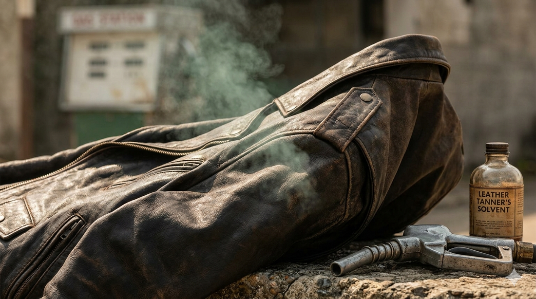 A dark brown genuine leather biker jacket with subtle vapor fumes, representing the chemical and gasoline smells from the tanning process.