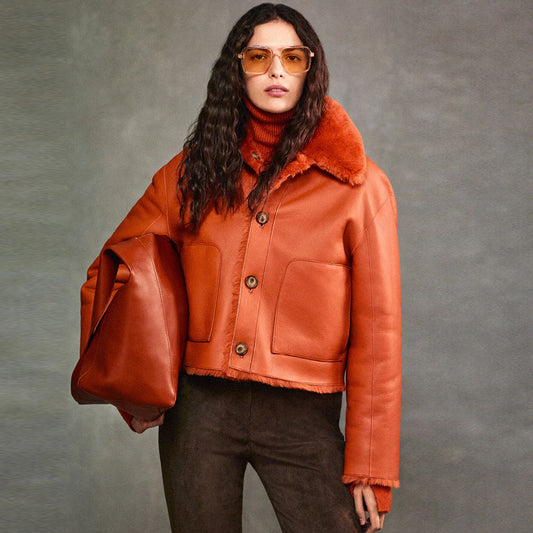 Brown Leather Jacket-Biker Jacket-Bomber Jacket-Shearling Jacket