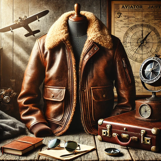 Vintage brown leather aviator jacket with shearling lining displayed on a rustic wooden table, accompanied by aviator sunglasses, a leather-bound journal, and aviation-themed props like a map and compass, evoking a timeless and adventurous vibe.