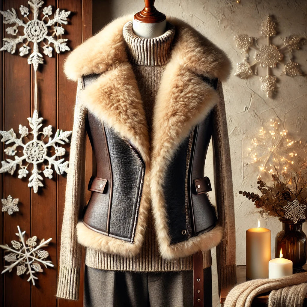 A stylish women's shearling vest on a mannequin in a cozy winter setting, featuring soft shearling lining and a sleek leather exterior, styled with a turtleneck sweater and scarf, set against a rustic wooden backdrop with winter accents.