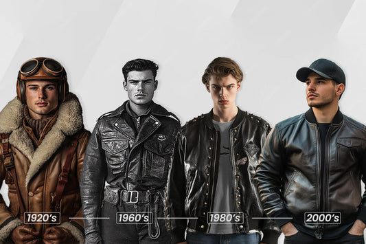 Four models wearing leather jackets from different eras — 1920s, 1960s, 1980s, and 2000s — showcasing the timeless evolution and iconic style of leather fashion through the decades.